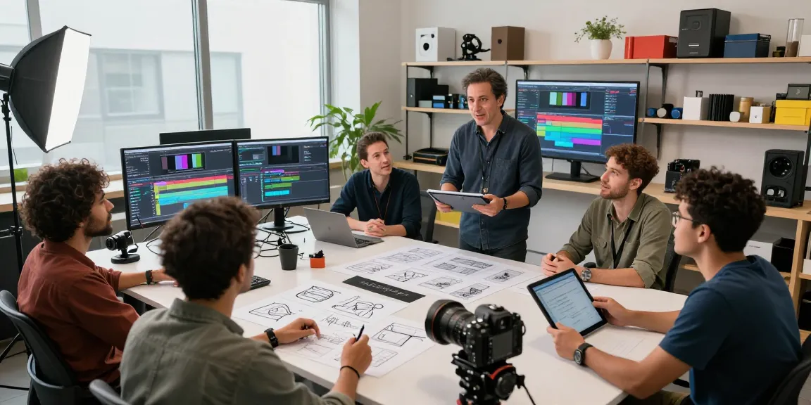 Creative team collaborating at Dreambox Studio Sg with video equipment and bright natural lighting.