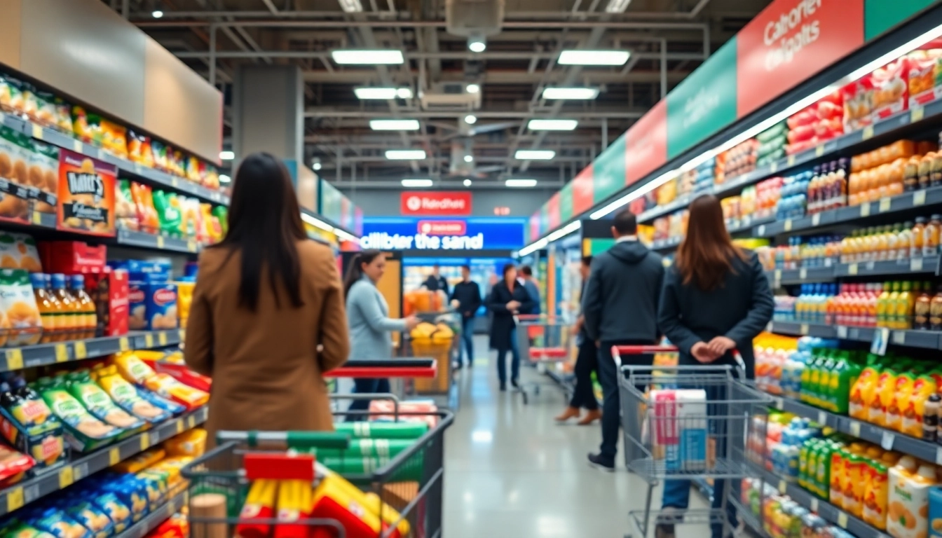 Explore modern trade dynamics in a lively supermarket with organized shelves and engaged shoppers.