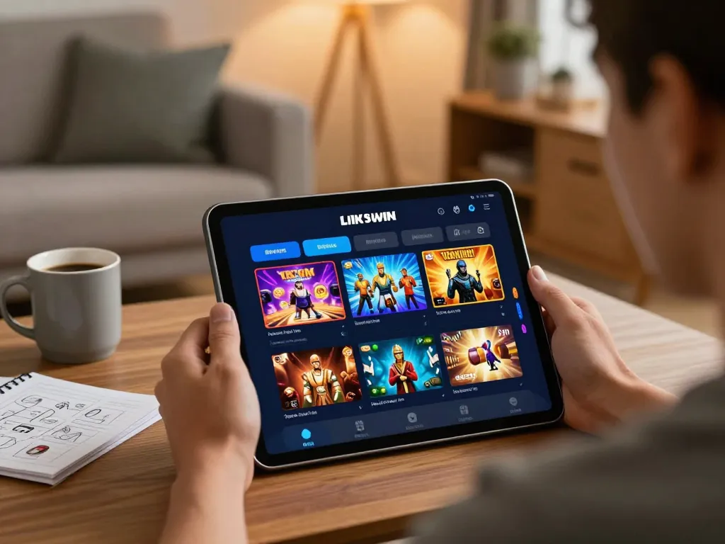 Engaging with LINK SUNWIN app on a tablet for online casino games in a cozy living room setting