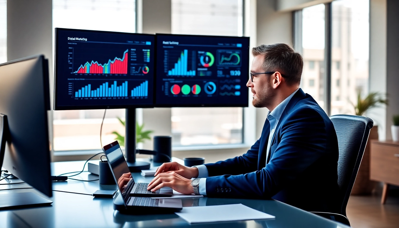 Digital marketing strategist analyzing data on computer screens in a modern office.