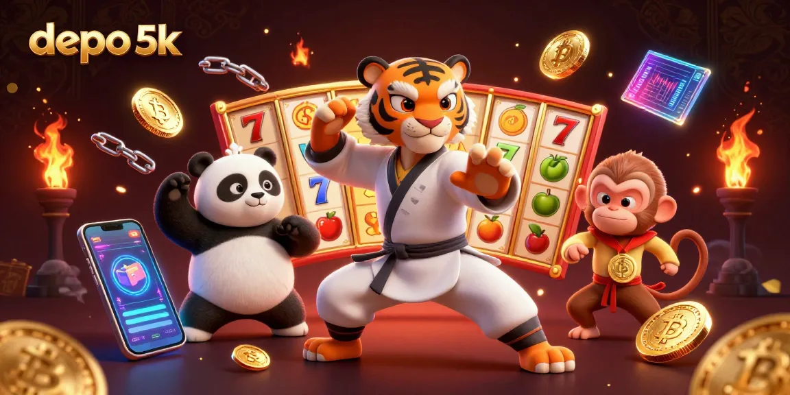 Spin jackpots with depo 5k in this vibrant 3D casino scene, showcasing unique gaming elements and characters.