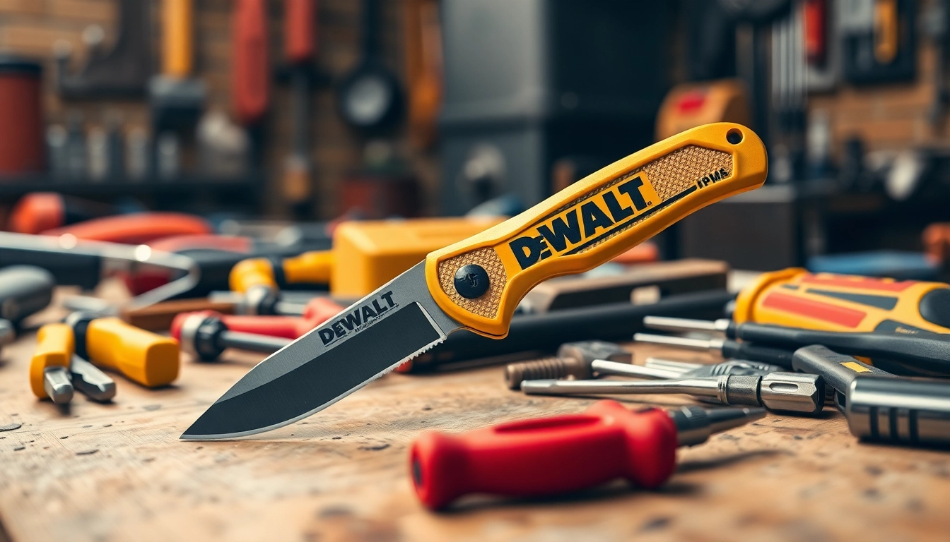 The DeWalt knife expertly cuts through materials on a busy workbench, showcasing its durability and precision.