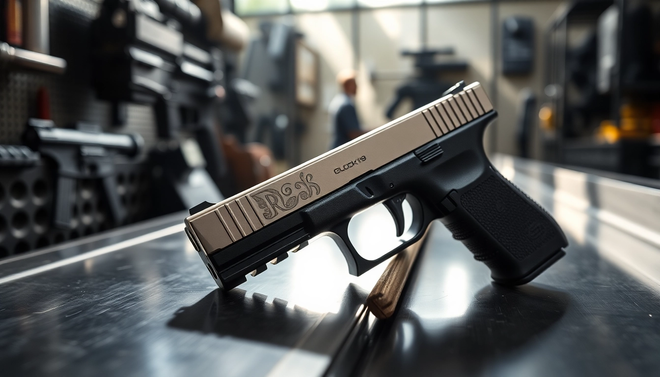 Buy Glock 19 slide displayed prominently showing its sleek design and polished finish.