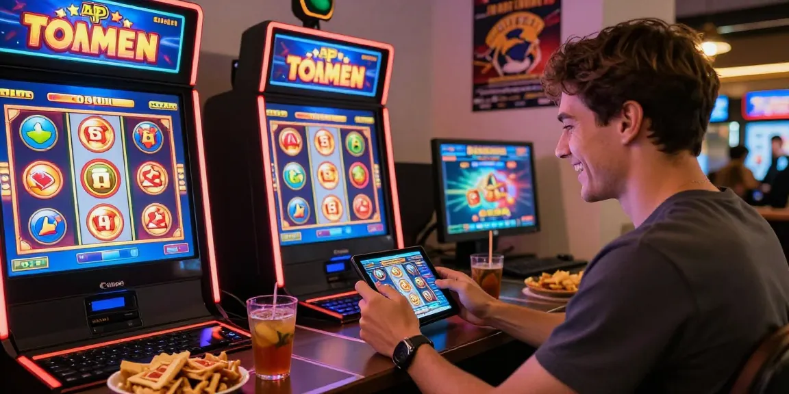 Engaged player enjoying apk slot games on mobile device amid vibrant casino graphics.