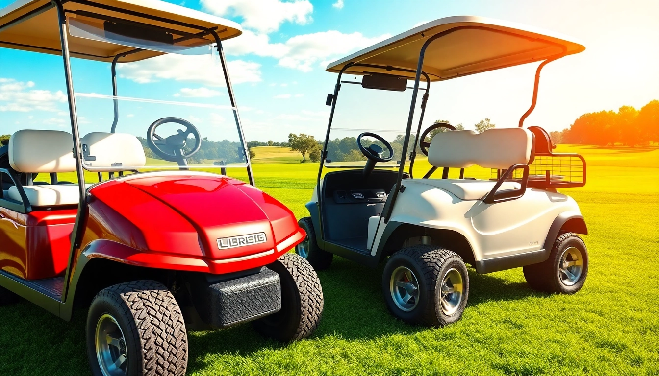 Explore vibrant epic golf carts for sale displayed on a sunny golf course.