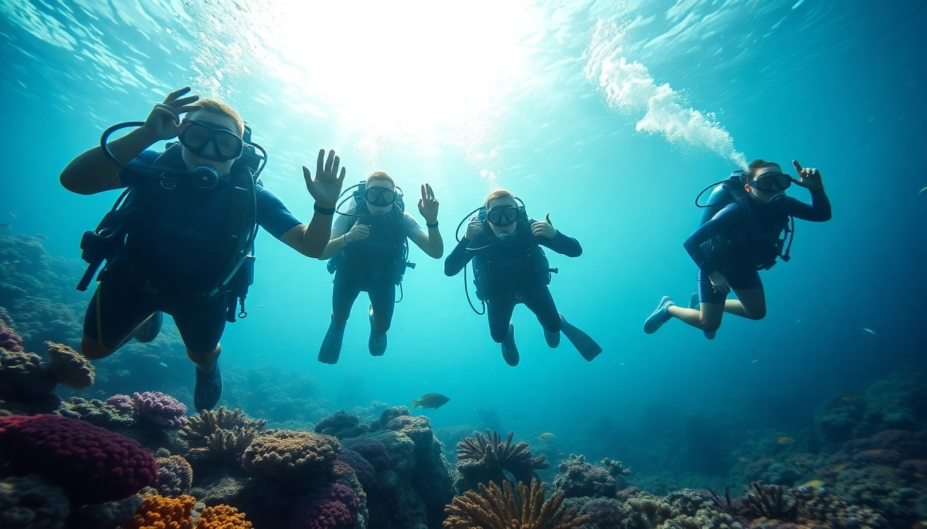 Tauchen Lernen mit erfahrenen Tauchern in einer bunten Unterwasserwelt voller Fische und Korallen.