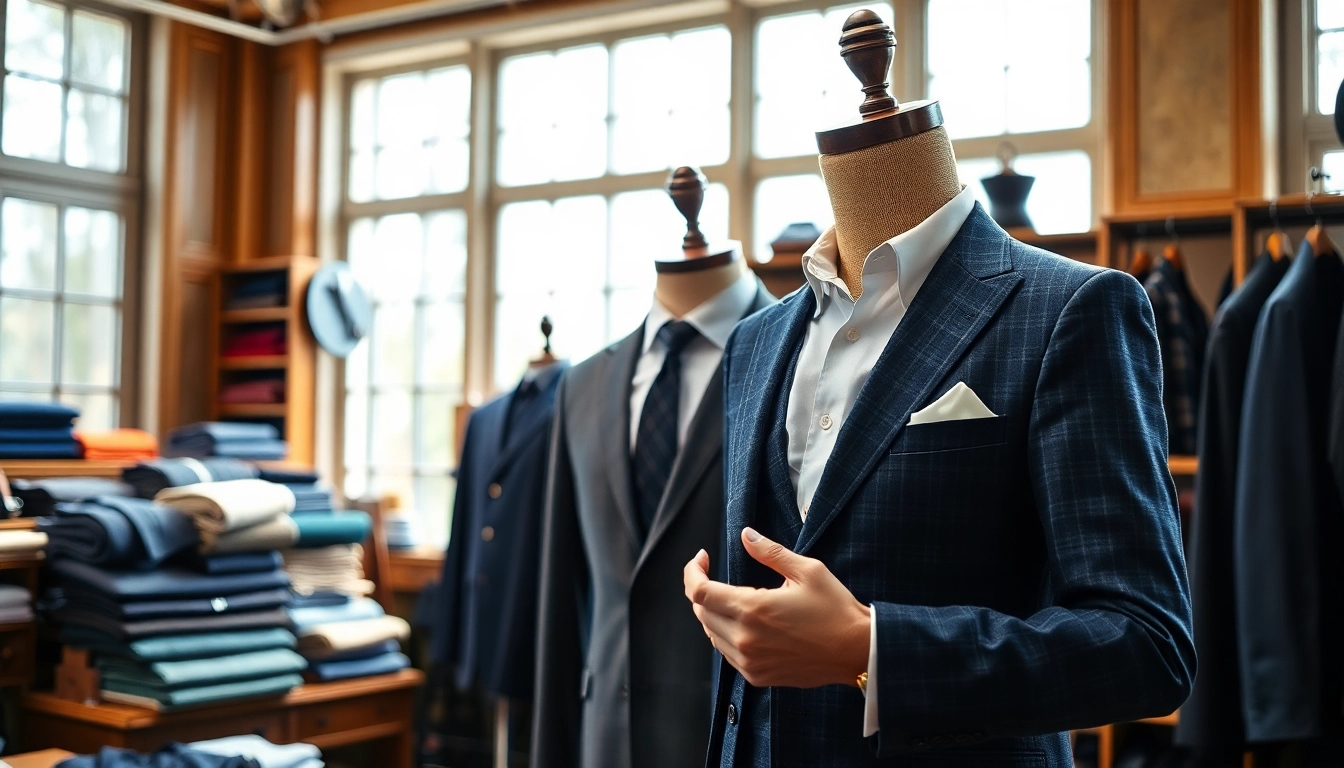 Crafting tailor made bespoke suits with intricate details and luxurious fabrics in an elegant workshop.