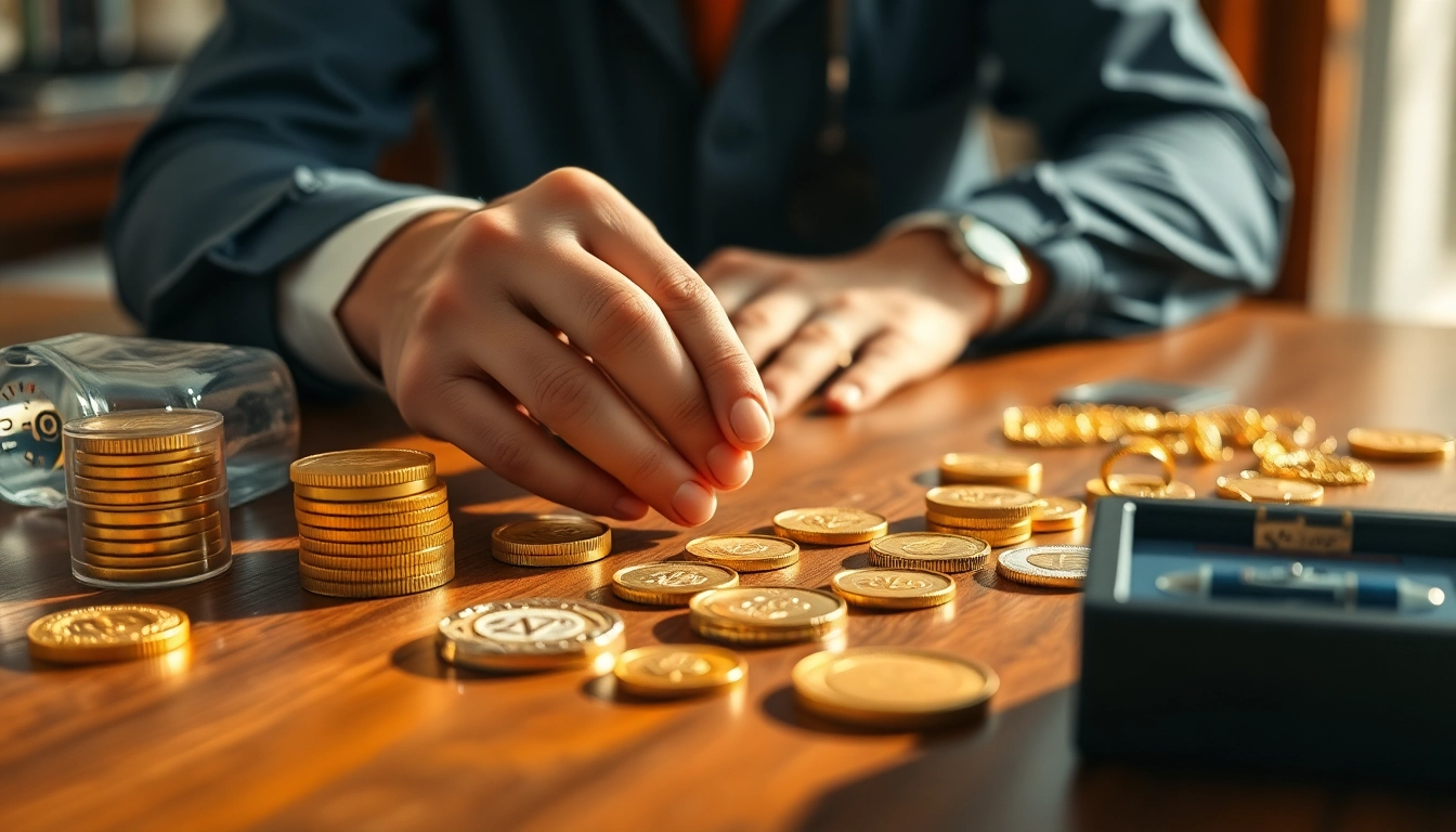 Valutazione di compro oro con oro e monete in un ambiente professionale.