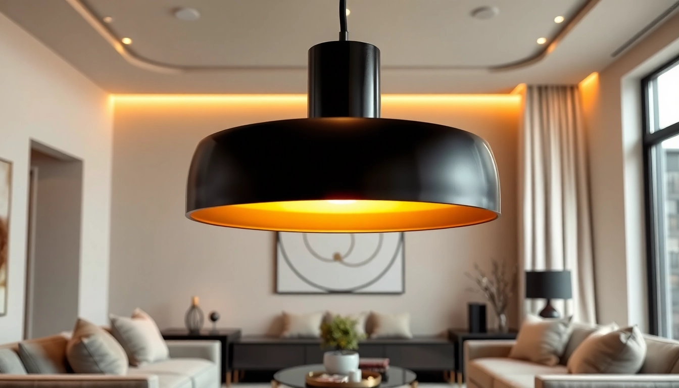 Stylish black and gold light fixture illuminating a modern living room space.