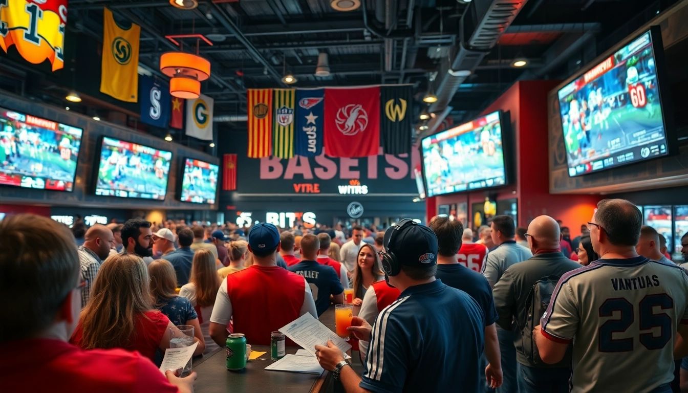 Fans engaging in sports betting in Oklahoma at a vibrant sports bar with large screens.