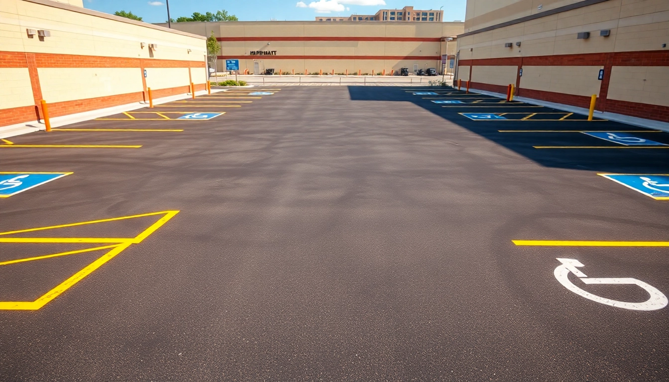 View of ADA parking lot striping Jackson MS with clearly marked spaces and safety signage.