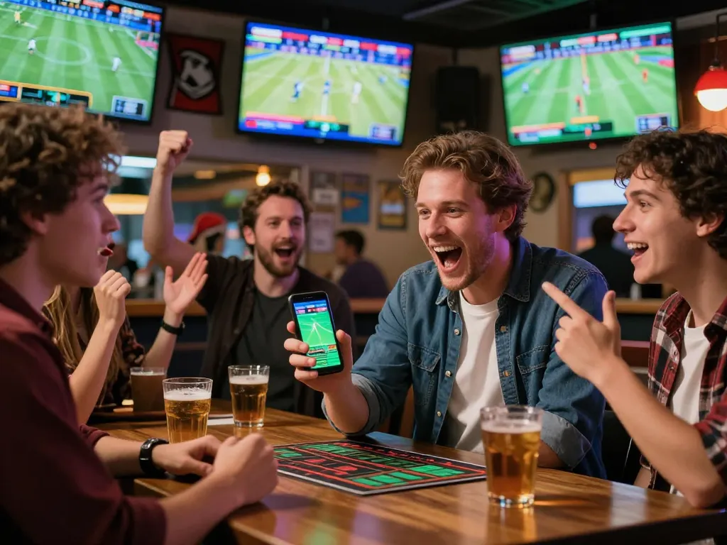 Soi Kèo sports bettor excitingly using a mobile app during thrilling game at a lively sports bar.