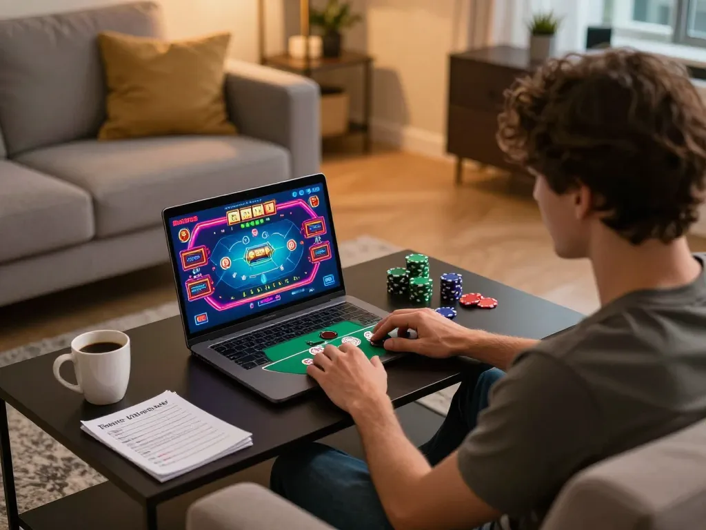 Player engaging with the 789win link mới while enjoying an online poker game setup at home.
