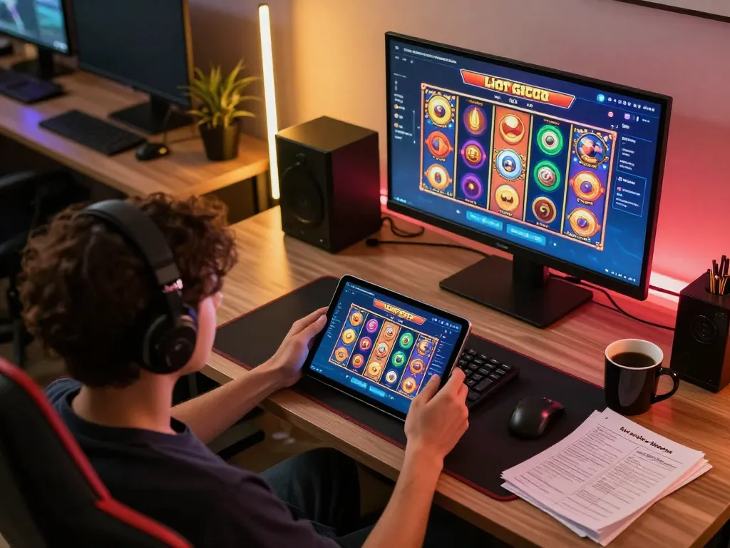 Engaging in link slot gacor gameplay on a tablet in a comfortable home setting.