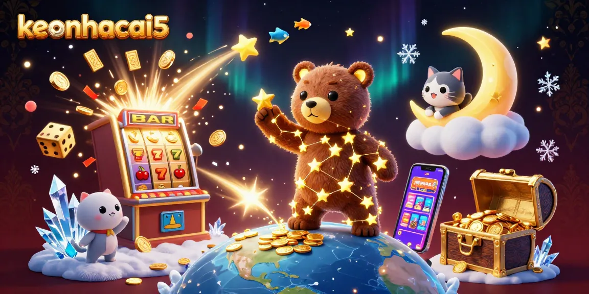 Experience the magic of keonhacai5 with a captivating scene of a starry bear collecting coins amidst a vibrant casino atmosphere.