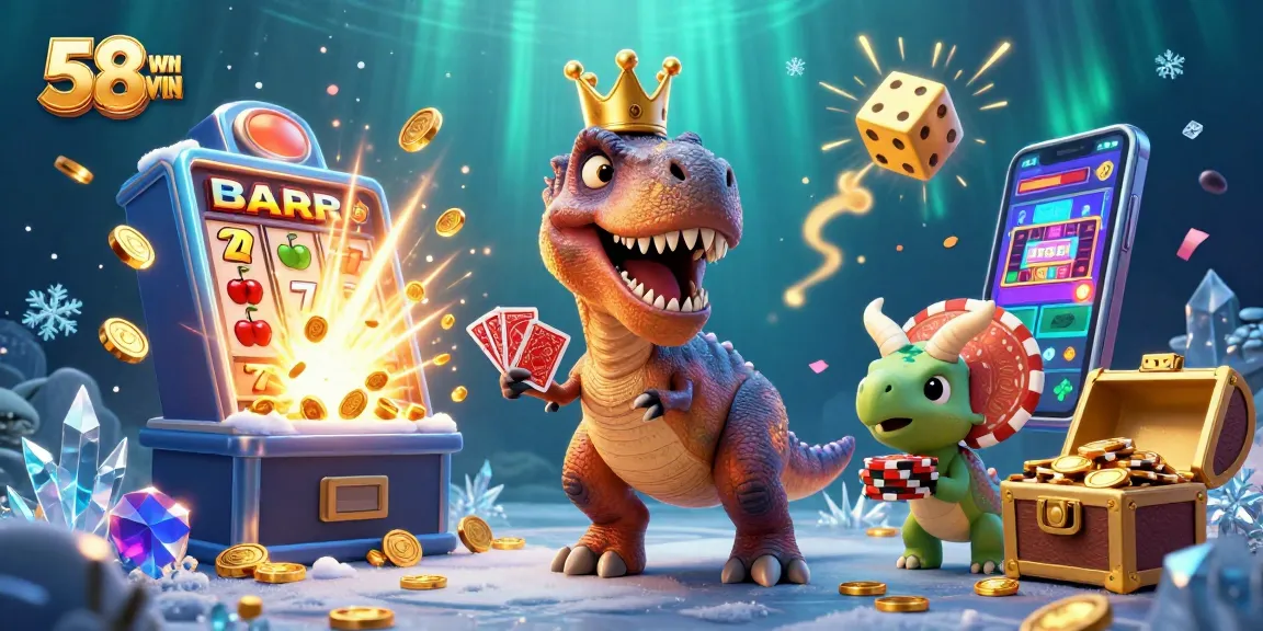 Experience thrilling gambling action with 58WIN in a vibrant and engaging casino-themed illustration.