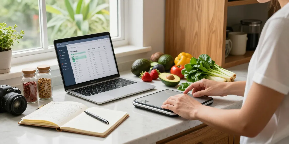 Person measuring ingredients for meal prep next to the best calorie tracking app on a laptop in a bright kitchen.