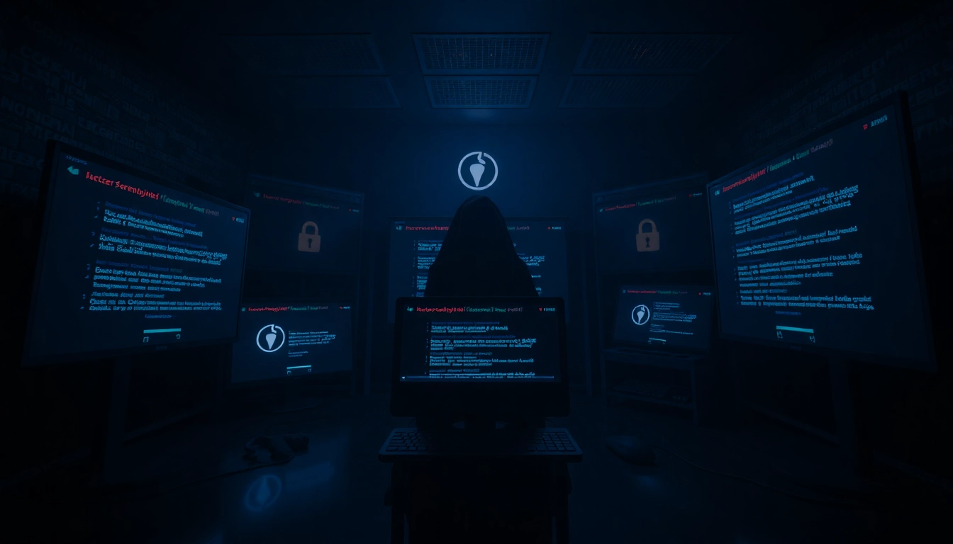 The hidden wiki tor concept illustrated with dark web screens and anonymity tools in a mysterious setting.