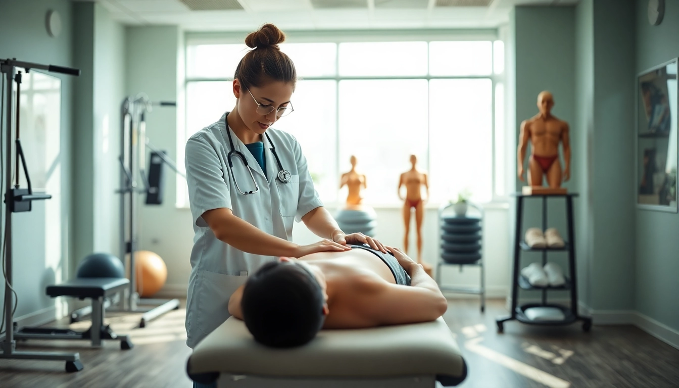 Physiotherapie Sitzung in moderner Klinik mit engagiertem Therapeuten und Patient.