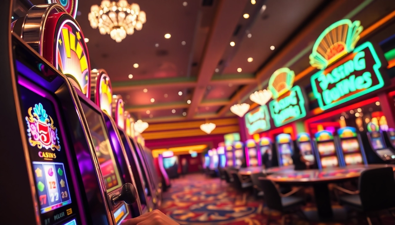 Menangkan slot online dengan mesin slot berwarna cerah dan suasana kasino yang ramai.