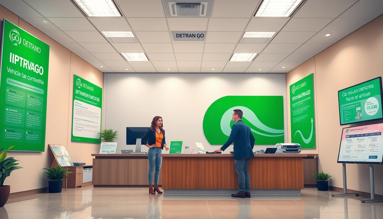 Efficient Detran GO office scene with friendly staff assisting clients on IPVA 2026