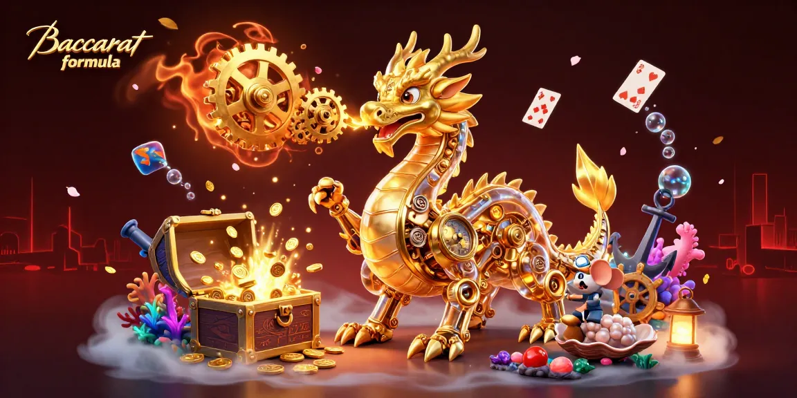 Experience the dynamic Baccarat formula with a golden dragon breathing gears and floating cards in an exquisite 3D scene.