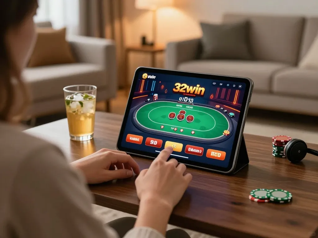 Engaging gameplay on 32win platform displayed on a tablet in a cozy setting.
