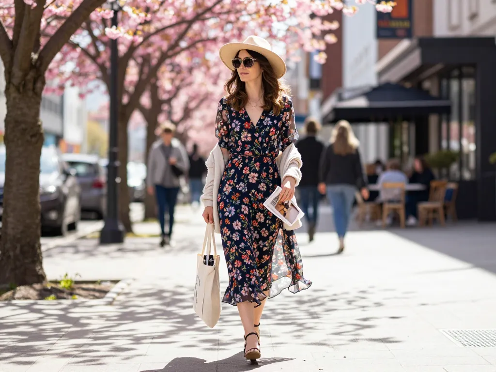 Fashionable individual in dresses in spring strolling through urban street lined with cherry blossoms.
