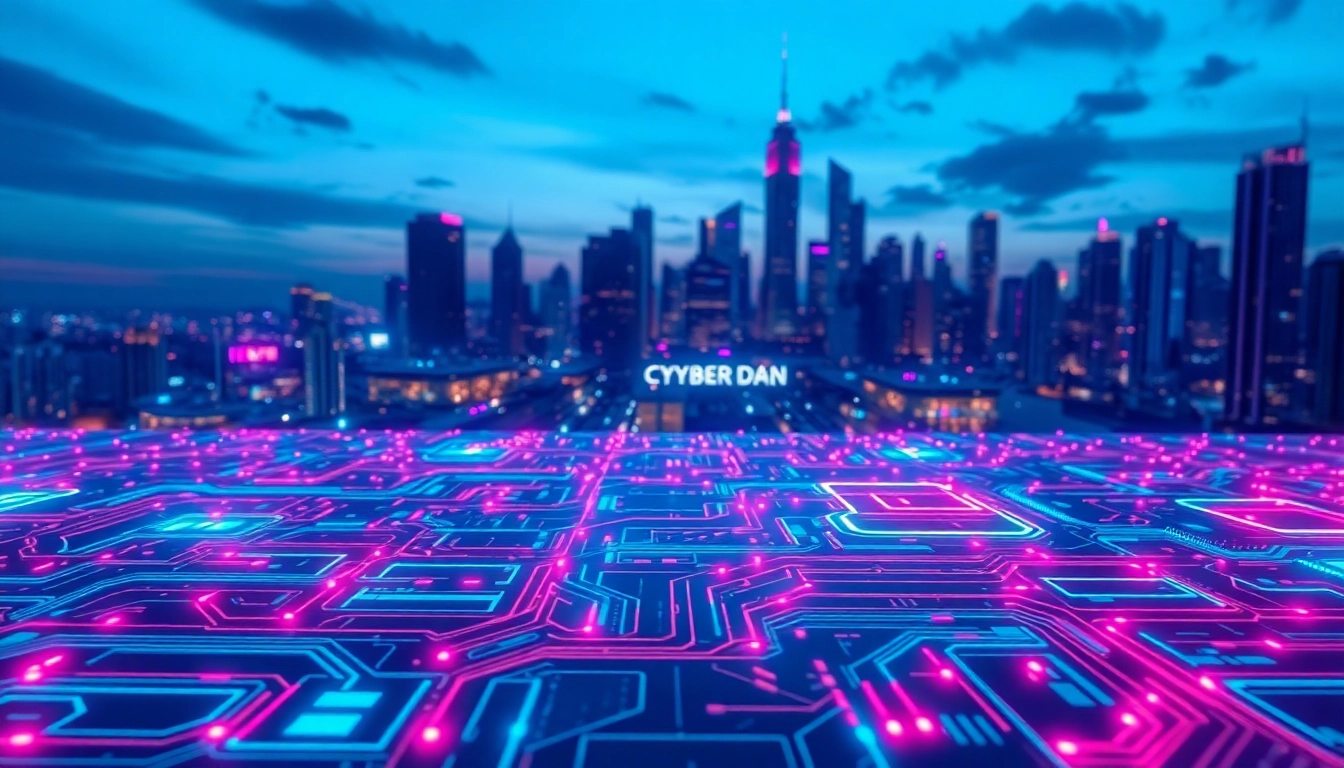 Explore advanced Cyberdan technology in a vibrant city skyline during dusk.