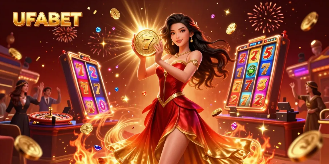 Engage in thrilling betting experiences with UFABET, showcasing vibrant slot machines and a stunning Asian woman.