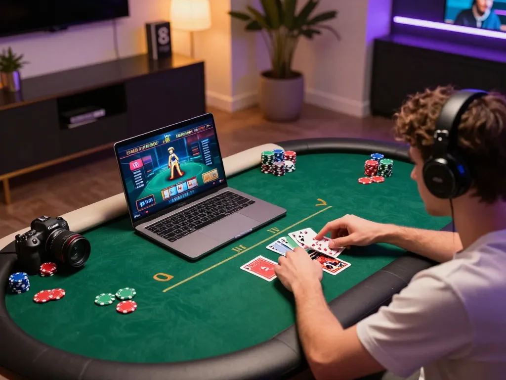 Engaged player using KKWIN app for poker game with chips and cards in modern setting.