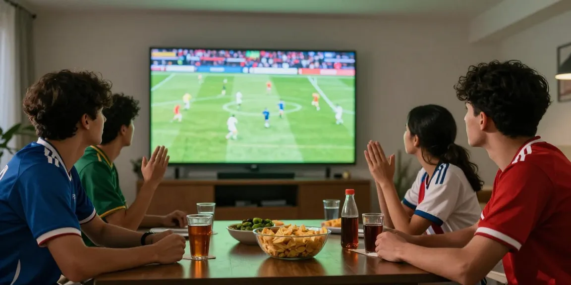 Nonton bola bersama teman-teman di rumah dengan suasana gembira.