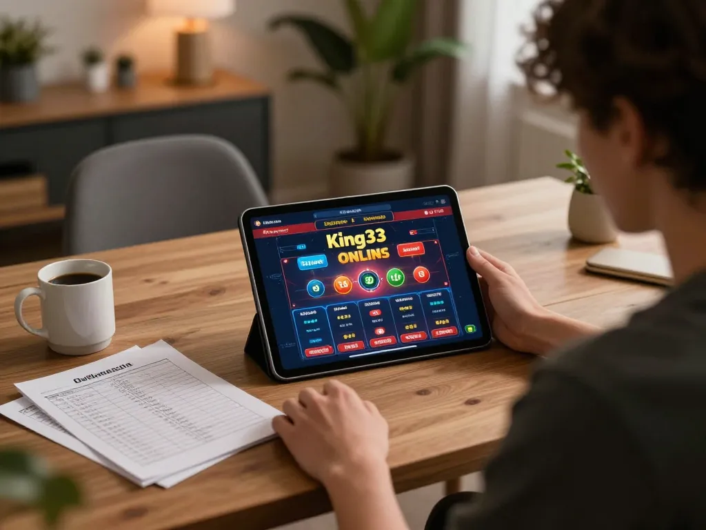 Engaging with king33 on tablet for online casino gaming while reviewing betting strategies.