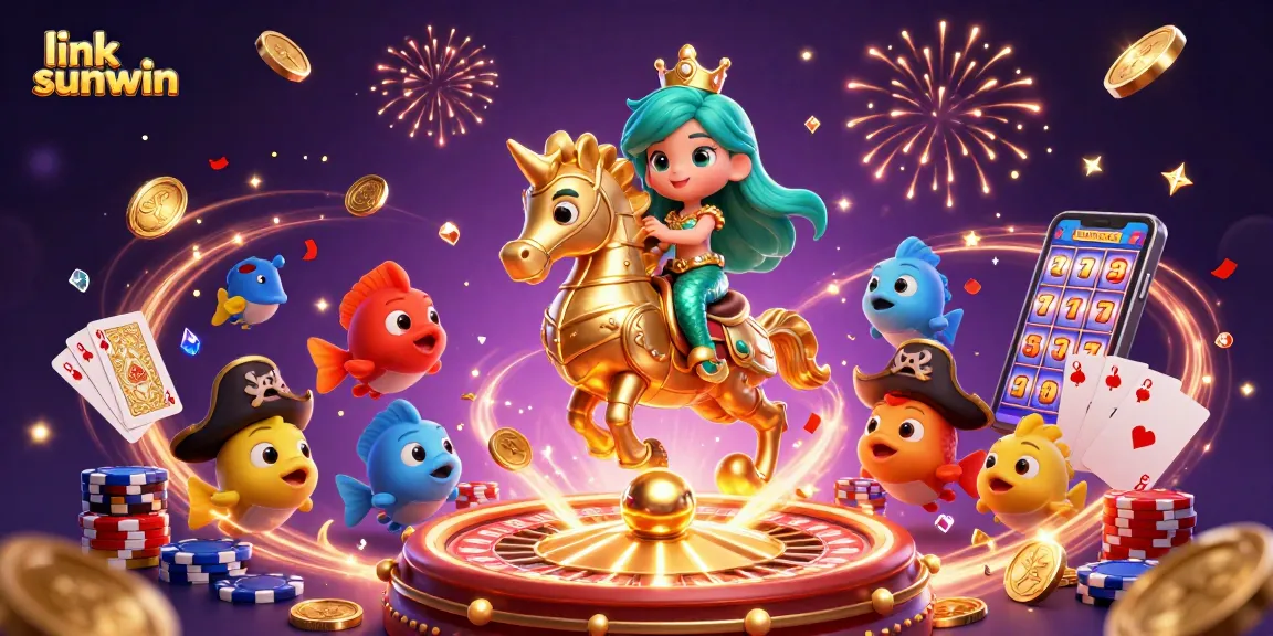 Spin the reels with link sunwin as the vibrant mermaid princess rides a golden seahorse amidst falling coins.