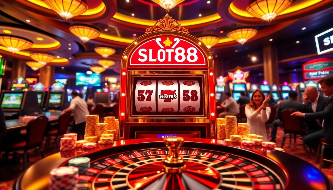 Players enjoying the SLOT88 slot machine in a vibrant casino environment, exuding luxury and excitement.