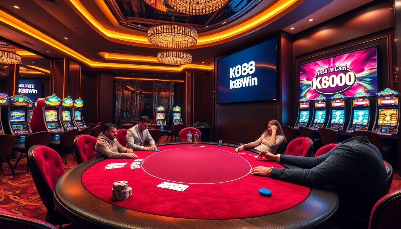 Experience the excitement of online gambling with nhà cái k88win, showcasing poker players and vibrant slot machines.