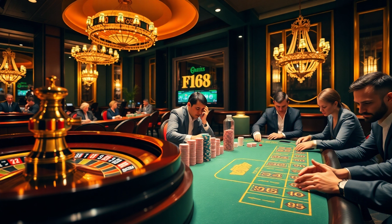 Players enjoying a thrilling game at F168 casino, showcasing poker chips and a roulette wheel.