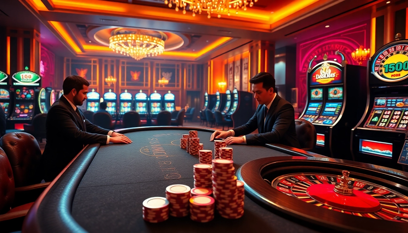 Luckywin poker action with vibrant poker chips and spinning roulette wheel in a luxurious casino setting.