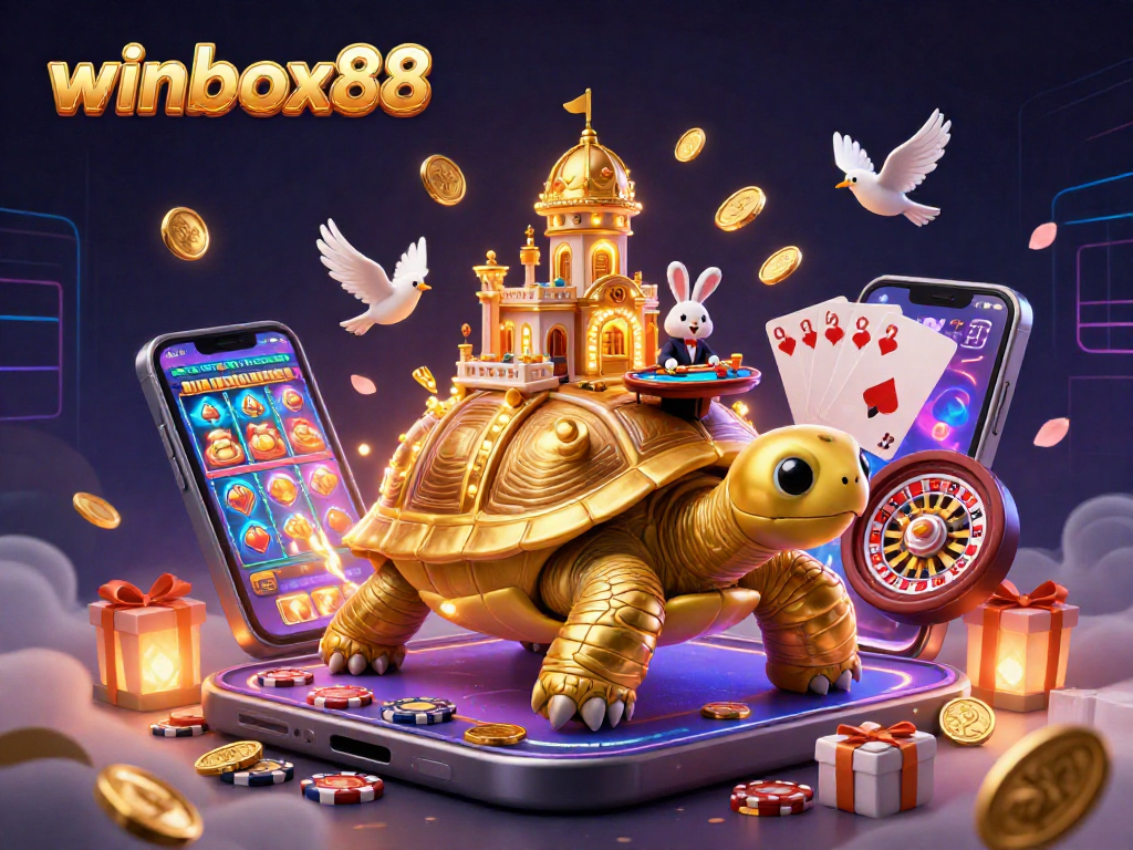 Experience exciting wins at winbox88 with a vibrant 3D casino scene featuring slots and games.