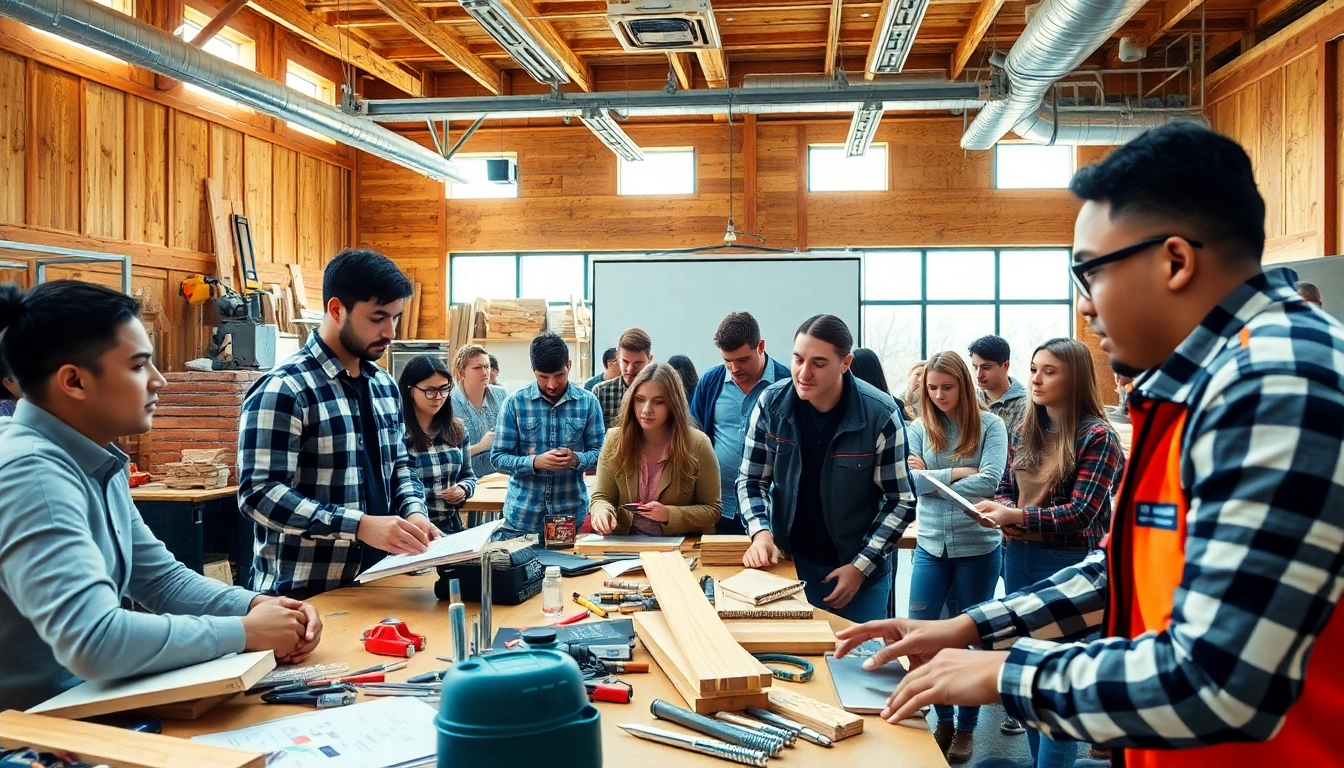 Engaged participants in construction training programs learning hands-on skills in a bright classroom.