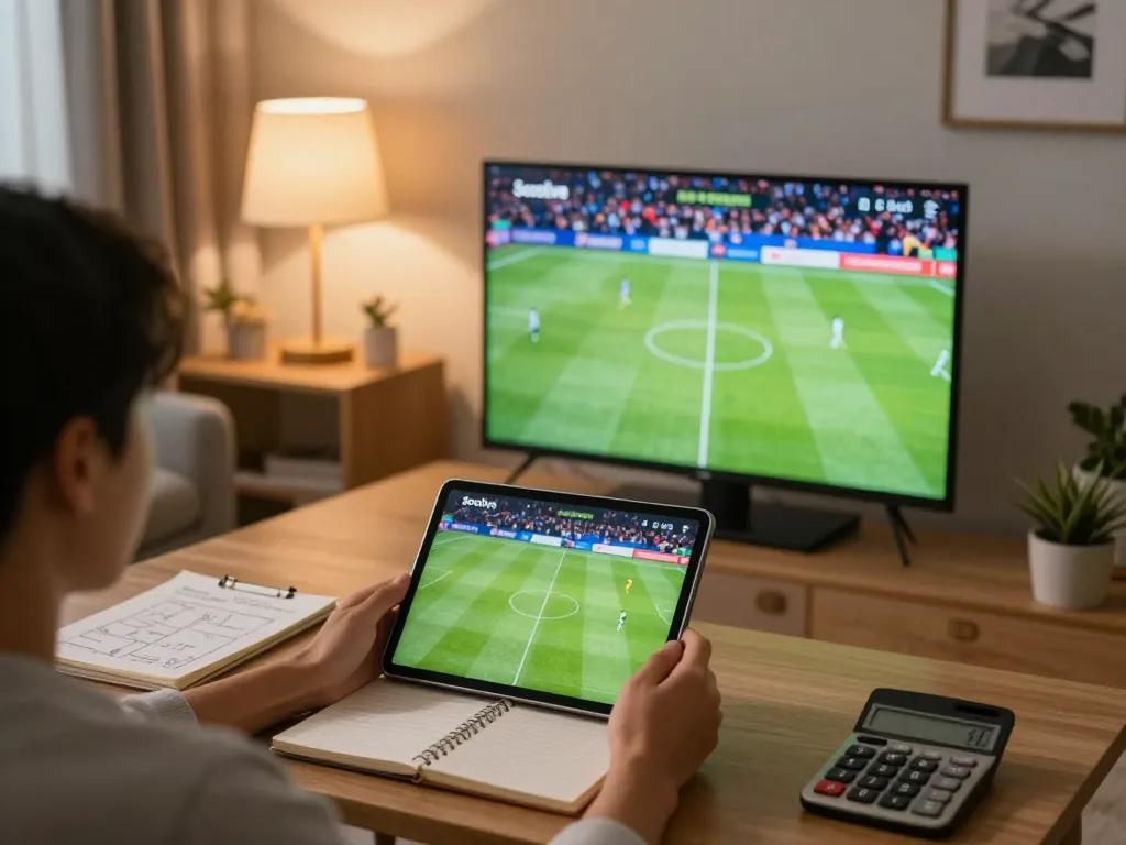 Socolive user engaging with live football on tablet, showcasing vibrant match highlights and a cozy atmosphere.