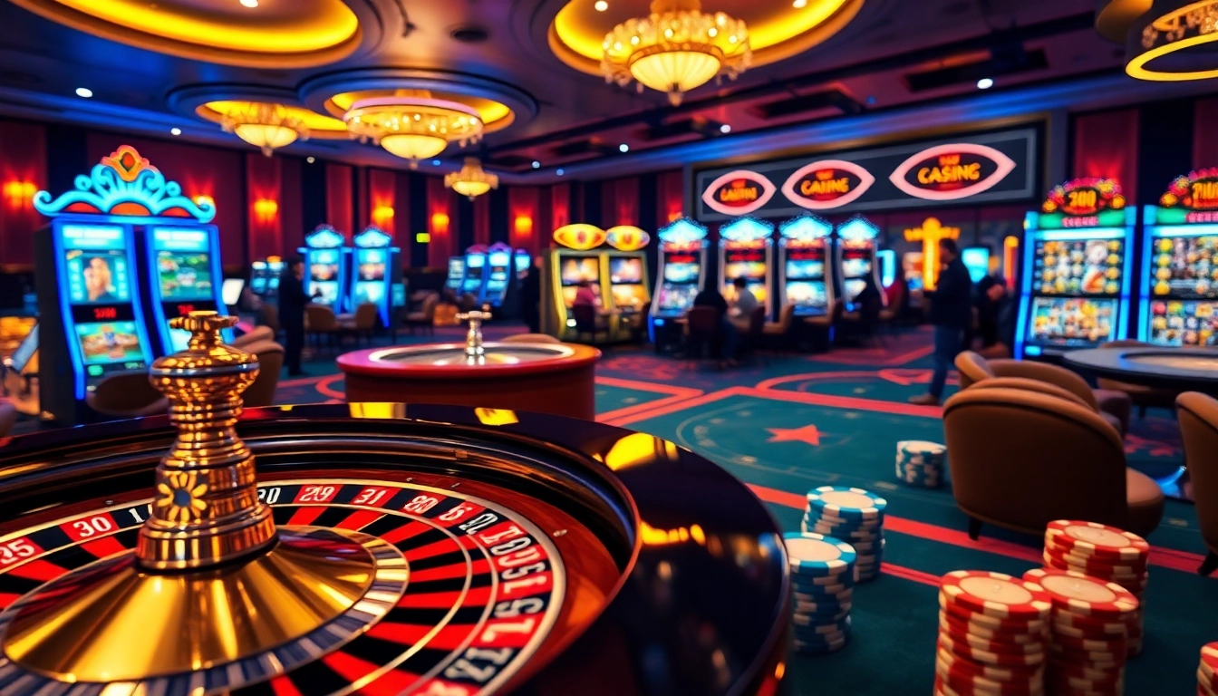 Une scène de jeu en ligne dynamique avec roulette, machines à sous et appareils mettant en avant l'expérience du meilleur casino en ligne.