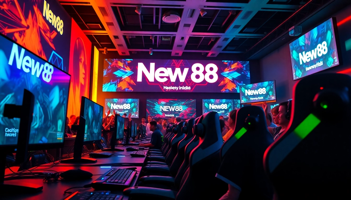 Gamers immersed in a competitive match under New88 branding in an energetic atmosphere.