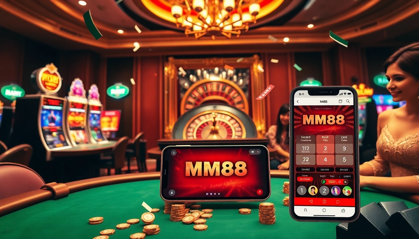 Players enjoying an engaging MM88 gambling experience at a luxury casino with roulette and blackjack tables.