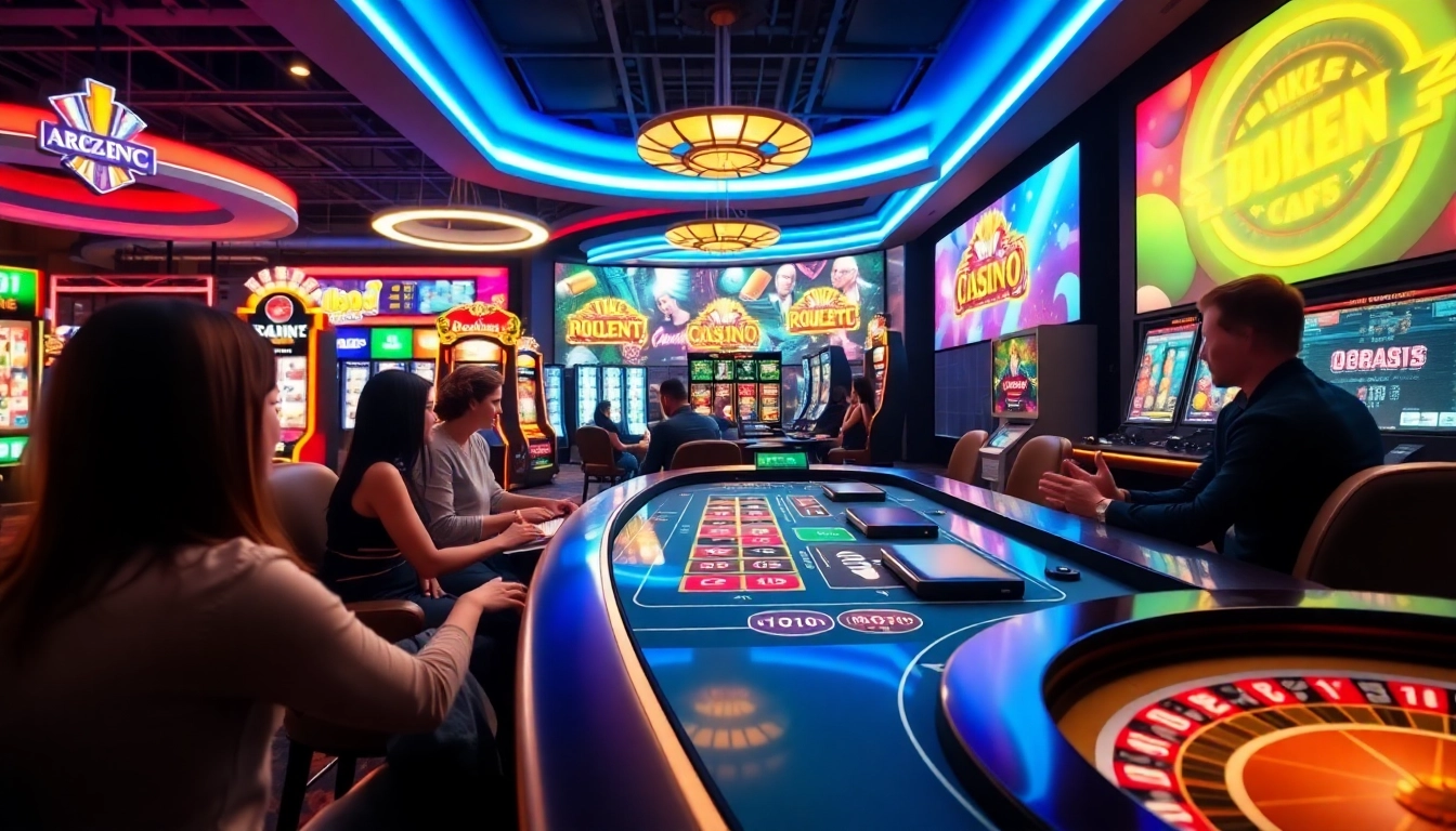 Engaging scene of players enjoying various games at an Online casino Uk.