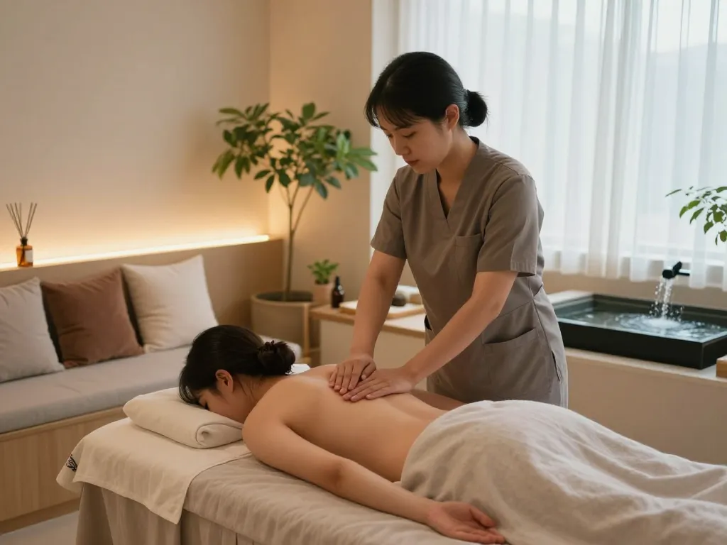 편안한 웰니스 스튜디오에서 편안한 논현동마사지 받는 고객.