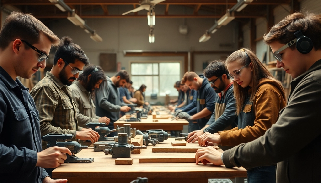 Students engaged in skilled trades training use tools in an inspiring workshop environment.