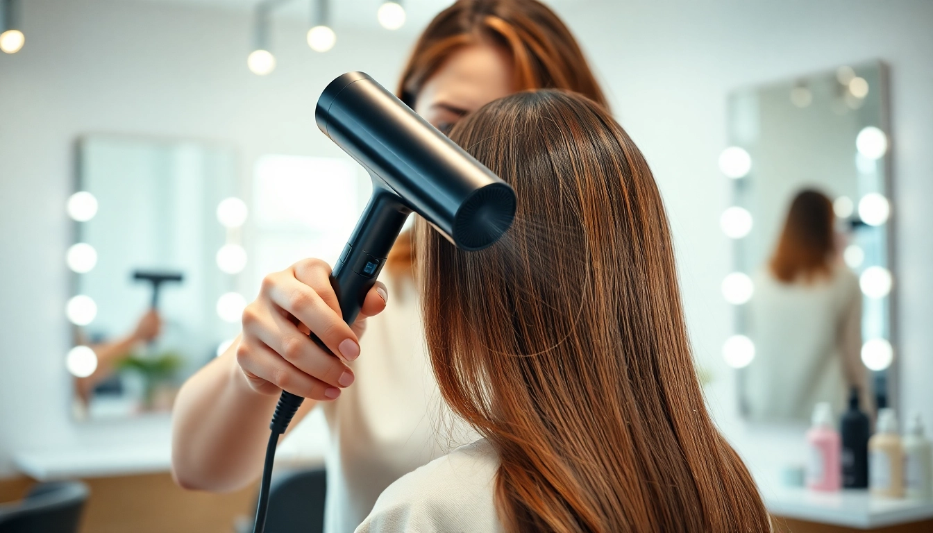 Stylist using a frizzy hair dryer to create smooth hair in a bright salon setting.
