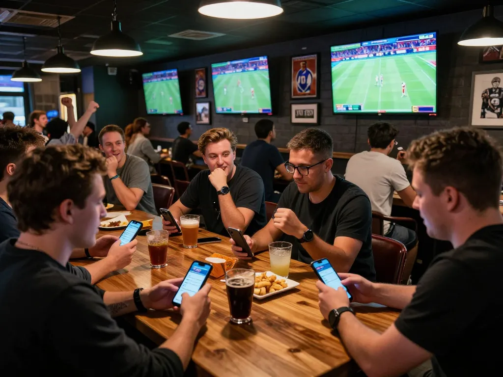 Exciting group of friends betting on sports at 28bet while watching games in a lively sports bar.