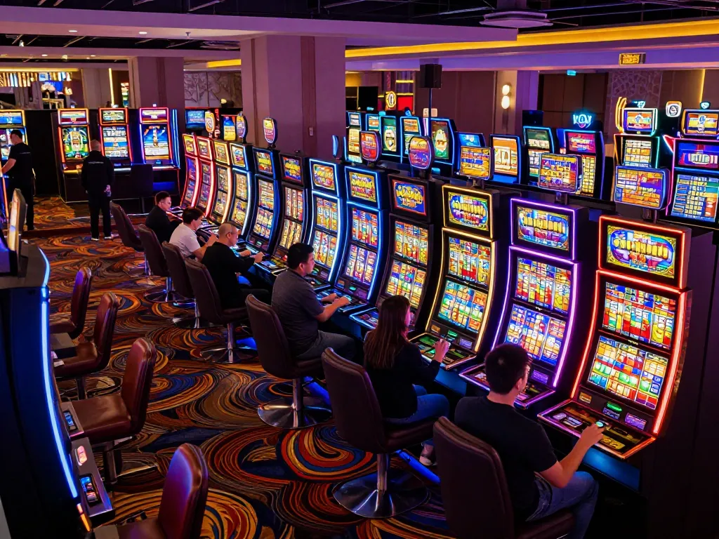 Players enjoying colorful slot machines, representing the thrilling atmosphere of slot server thailand.